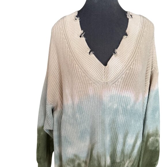 Young Fabulous & Broke Tie-Dye Distressed V-Neck Sweater M/L Cotton Blend Beige/ - Picture 3 of 6